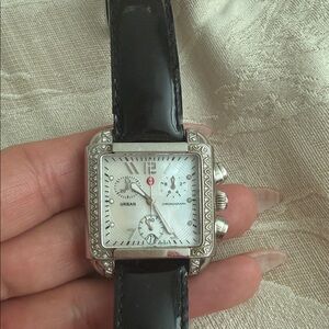 Michele Urban Silver and Black Leather Watch
